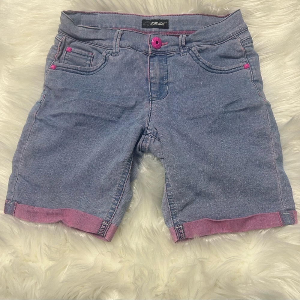 Size 12 Girls Jordache Blue/Pink Bermuda Shorts with Pink Button E2